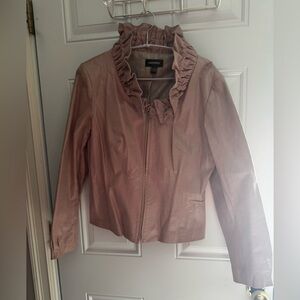 Danier Pink Leather Jacket with Ruffled Collar